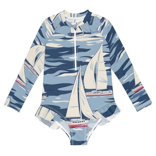 Girls One Piece Swimsuits Sailboat in Waves Pattern Beach Swimwear Long Sleeve Bathing Suit