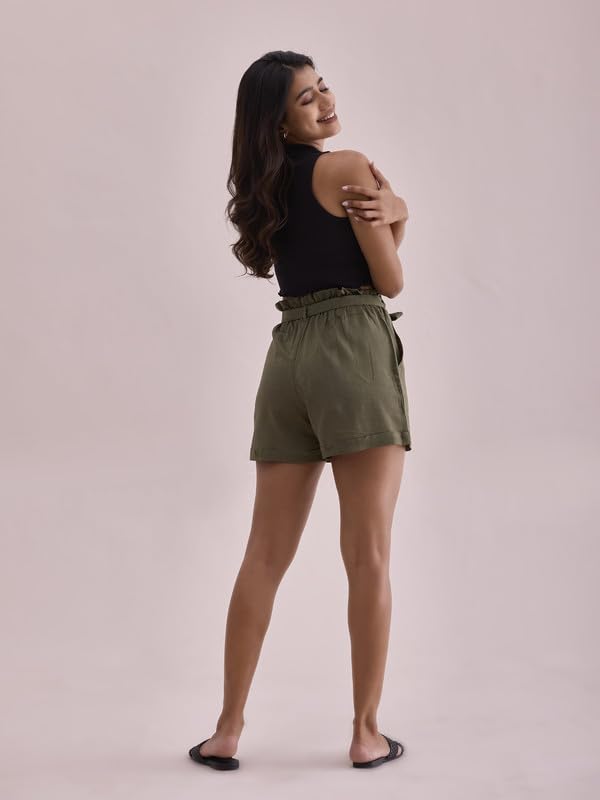 Image of GO COLORS Women Solid High Rise Relaxed Fit Linen Shorts