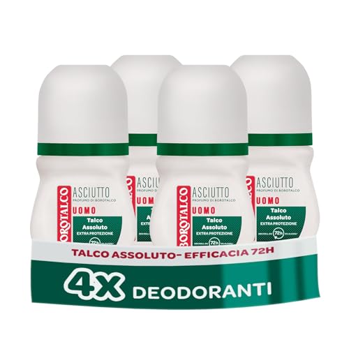 Borotalco, Deodorante Uomo Roll On Asciutto Originale, Formula Senza Alcool con Talco Assoluto, Assorbe il Sudore, Profumo Borotalco, 72h di Efficacia, 4 x 50 ml