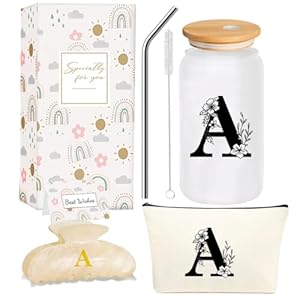 4MELLY Monogrammed Initial Glass Cup Personalized Gifts for Women 16oz Initial Letter Glass Cups w/Lids Straws Birthday Valentine Mothers Day Gift for Her, A