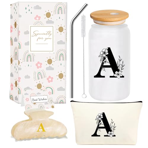 4MELLY Monogrammed Initial Glass Cup Personalized Gifts for Women 16oz Initial Letter...