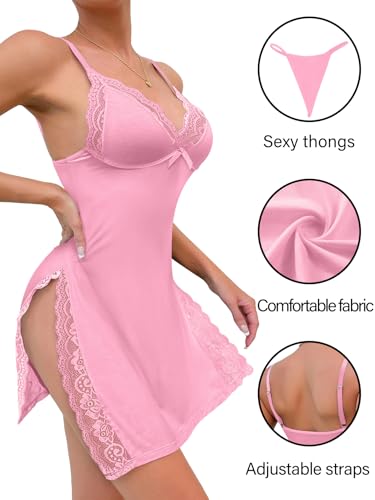 Image of Foxiny Sexy Split Side Floral Lace Trim Full Slip Night Gown Babydoll Lingerie Dress with Thong 2 piece