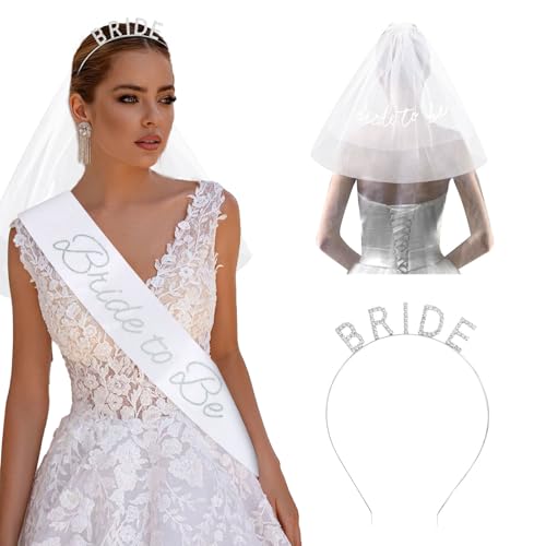 Araluky Rhinestone Bride Headband + Bride to Be Sash + Wedding Veil, Bridal Shower Gifts for Bachelorette Party Decorations, Bridal Shower, Engagement Party Decorations