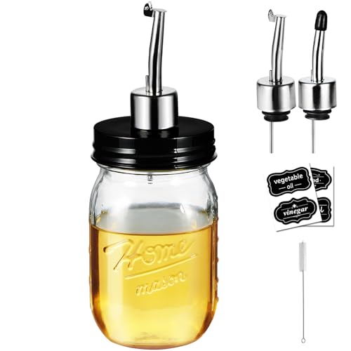 SheeChung Oil Dispenser Bottle for Kitchen, Glass Cooking Oil Bottle, 16oz Mason Jar Vinegar Dispenser Set with Brush, Stainless Steel Pour Spout, Rustic Farmhouse Kitchen Decor 1 Pack