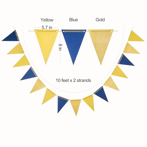 Image of MOWO Gold Blue and Yellow Pennant Banner Paper Bunting, 30pc, 20 feet | Hanging Decoration, Graduation Birthday Wedding Retirement Eid Ramadan Festival Theme Party, Pack of 30 Counts Pennant