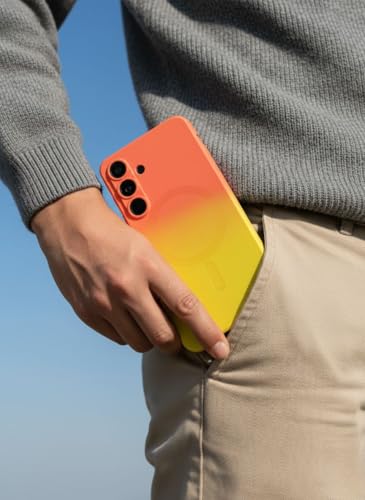 Image of amazon basics Gradient Mag-Safe Case for Samsung Galaxy A56 5G | Soft Silicone Shockproof Cover with Camera Protection | Slim Lightweight Design | Smooth Touch & Durable - Orange & Yellow