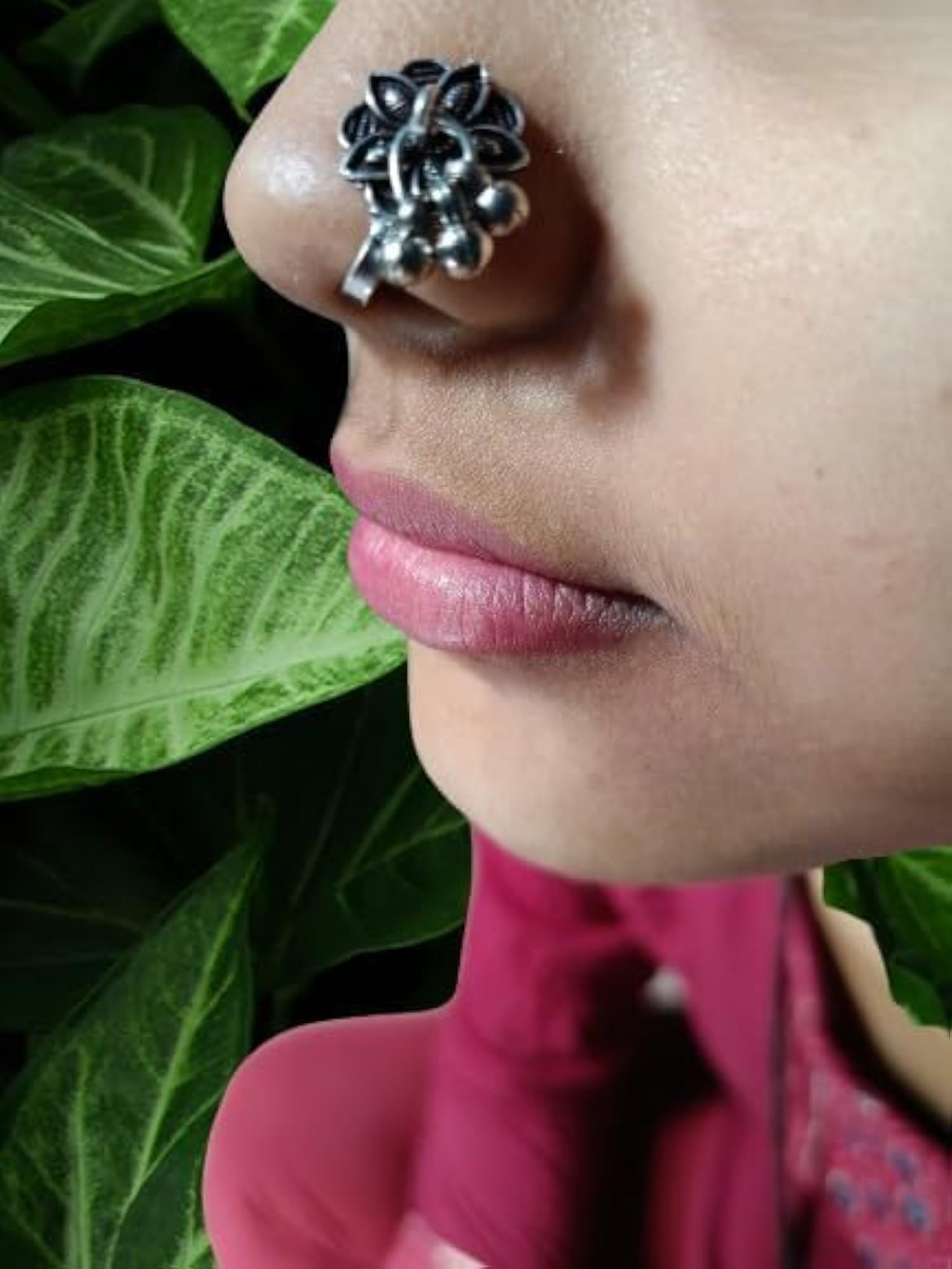 Women's Oxidised Silver-Toned Colorful Designer Nose Pin