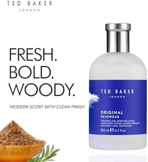 Ted Baker Skinwear EDT, woody masculine fragrance, zesty lime, bergamont and lemon top notes with sandalwood, amber and cedar base notes, 6.76 fl oz