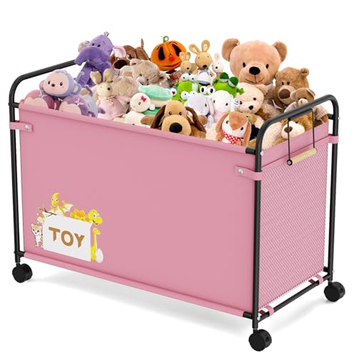 JBBTOOL Toy Box Storage, 180L Extra Large Toy Chest with 360° Wheels, Oxford Cloth Metal Toy Box for Boys, Girls, Stuffed Animals, Clothes, Bedroom, Living Room (Pink)