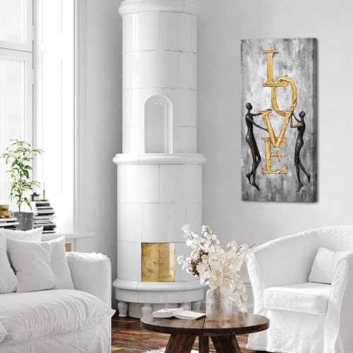 Canvbay Love Wall Art Romantic Couple Abstract Canvas Prints Black Grey and Gold Foil Painting Picture Artwork Framed for Modern Home Decor Living Room Bedroom Wedding Anniversary 20x40inch by Canvbay - Image 2