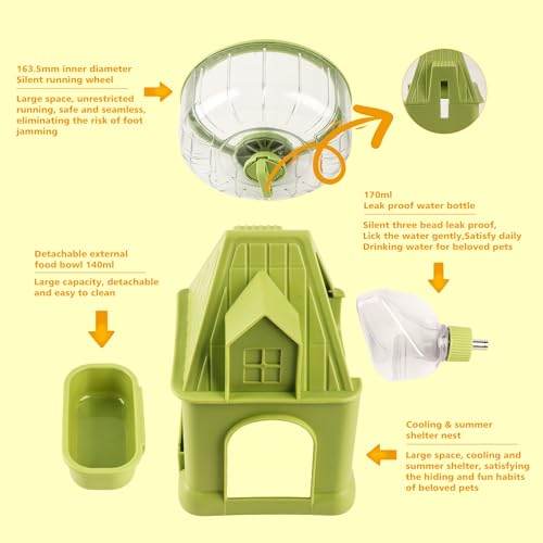 Image of 4 in 1 Silent Large Hamster Wheel Multifunctional Hamster Running Wheel Quite Running Spinner Wheel Accessories with Food Bowl Water Bottle for Hamsters Dwarf Gerbil (Green)