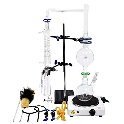Laboratorio Vetreria Kit 500 ml Strumento di Distillazione Vetro Olio Essenziale Estrazione Purificatore con Condensatore Forno Caldo