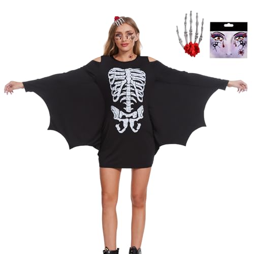Aragallant Disfraz Murciélago Mujer, Halloween Disfraz de Dama Esqueleto con Pinzas para El Pelo, Costumes Murciélago Mujer para Fiestas, Carnaval y Halloween (Negro-Esqueleto)