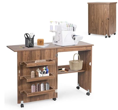 RELAX4LIFE Mesa de Costura Plegable con 5 Ruedas, 4 Estantes de Almacenamiento y Frenos, Mesa para Máquina de Coser de MDF, Mesa Multifuncional para Salón, Dormitorio, 118,5x40x79,5cm (Marrón)