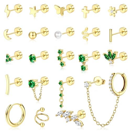 Small Gold Flat Back Earrings for Women Stainless Steel 20G Cartilage Stud Earrings Set for Multiple Piercing Butterfly Green CZ Flatback Earrings Helix Tragus Conch Piercing Jewelry