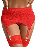 ohyeah Red Floral Lace Garter Belts for Thigh Highs 4 Slip Mesh Suspenders Garter Belts for Fishnet Stockings Womens Sexy Garters Lingerie with Thong Panties Set Fits XS-S, (No Socks)