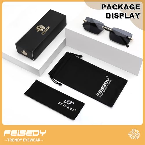 Image of FEISEDY Rimless Sunglasses Y2K Retro Small Narrow Clear Eyewear Vintage Rectangle Sunglasses for Women Men B2643