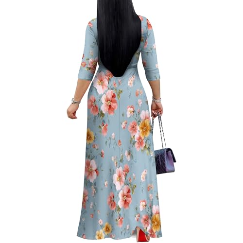 Image of PinkPatty Plus Size Maxi Dress for Women Casual V Neck 3 /4 Sleeve Boho Printed Long Dress with Pockets