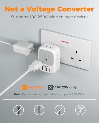 Image of TESSAN US to UK Plug Adapter PD 20W, Type G Travel Converter with 3 USB Charger(1 USB C Port), 4 Outlets Power Adaptor for USA to Qatar Ireland Hong Kong England Scotland Kenya Dubai London British | 3 USB Charger (1 USB C Port), 4 Outlets, Travel Converter