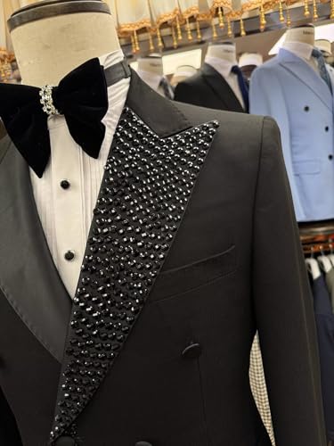 Men's Beads Suit 2 Piece with Rhinestone Slim Fit Peak Lapel Blazer Jacket Pants Set for Prom, Party, Dinner3