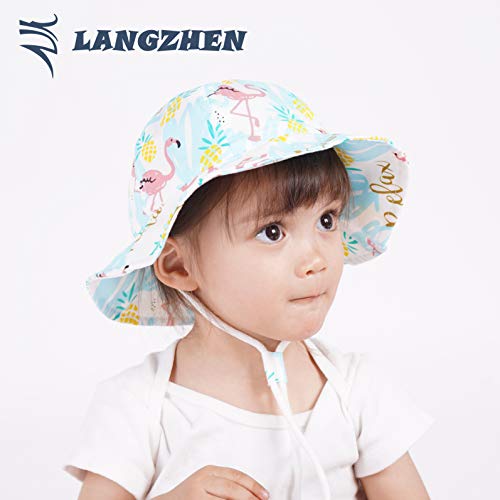 Image of LANGZHEN Sun Protection Hat for Kids Toddler Boys Girls Wide Brim Summer Play Hat Cotton Baby Bucket Hat with Chin Strap