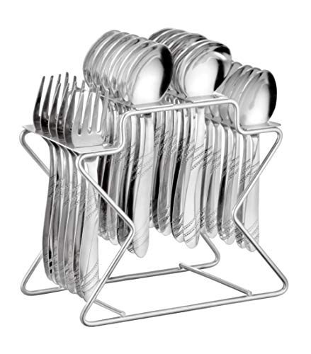 Parage Miracle Stainless Steel Cutlery Set- Set of 25 (Contains: 6 Spoons, 6 Forks, 6 Tea Spoons, 6 Soup Spoons, 1 Stand), Cutlery Set for Dining Table Stylish, Silver