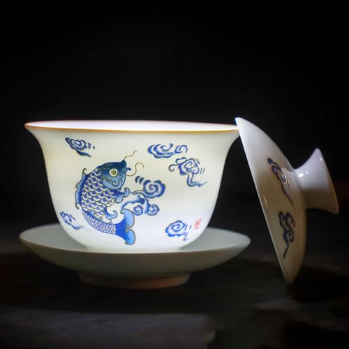 Image of Liang baobao Porcelain Gaiwan 8oz Teacup White Glazed Tureen Chinese Sancai Cover Bowl Lip Cup Saucer Set (Fish leaping)
