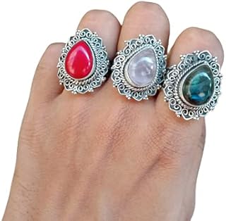Coral, Rose Quartz, Labradorite Gemstone Ring, Multi Gemstone Ring, Handmade Ring, Water-drop Stone Ring, December Birthstone Ring, Wide Band Ring, Blue Flash Ring, Boho Ring, Christmas Gifts