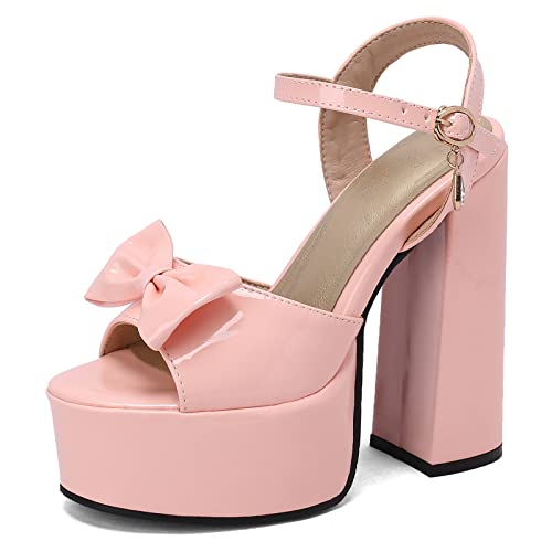 Sandales robe élégantes Lizoleor en vernis rose à talon géométrique et nœud mode