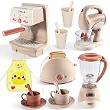 Kids Assorted Kitchen Appliance Play Toys Includes Coffee Maker ,Blender,Fruit Machine and Toaster ,Apron and Cups,with Realistic Lights& Sounds,Learning Gift for Toddlers Baby Girls Boys