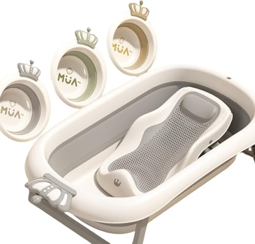 Suzapiw ベビーバスタブ 幼児向け 座ったり横になったりできる 折りたたみ式 大きいサイズ 家庭用 新生児用バスタブ 滑り止め バスネットセット付き 収納便利 浴槽 洗面台 新生児 0-6歳 収納便利 (グレー マット+ラック) (浴槽 グレー +