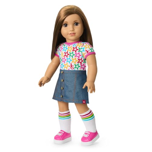 Image of Bundle of American Girl, Truly Me 18-inch Doll #107 with Brown Eyes, Straight Brown Hair, Light-to-Medium Skin, for Ages 6+ + Truly Me 18-inch Doll Outfit, Pink & Preppy Outfit, for Ages 6+