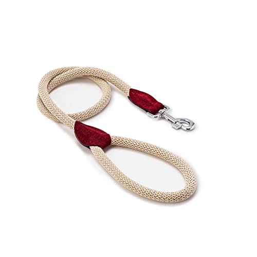 HUGO & HUDSON Luxury Dog Lead Round Rope & Leather Leash with Brass Fittings, Burgundy Length 180cm