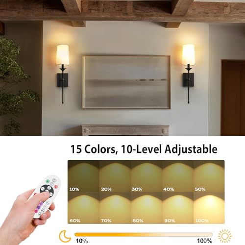 Image of Rechargeable Battery Operated Wall Sconces Set of 2,Easy to Install Cordless Wall Lamps with Bulbs and Remote, Dimmable Black Wall Sconce for Living Room Decor