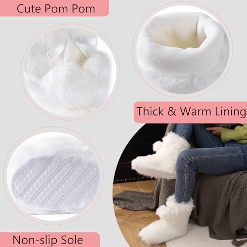 Home Slipper Warm Winter Slipper Boots Women‘s Cute Fluffy Slippers with Pom Poms Ankle High Thick Fleece Lined Indoor House Booties Slippers,White,US 5/63