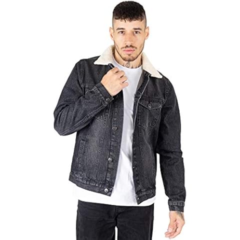 NOROZE Mens Denim Jacket with Detachable Sherpa Collar Classic Fur Jean Trucker Coat (L, Black) Cover