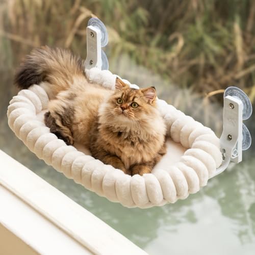 EDAGNY Katzen Fensterliege Hängematte Weich mit Abnehmbarem Wendebezug - Katzen Hängematte Fenster mit Stabiles Stahlgestell Halt bis 18kg, Weiß M