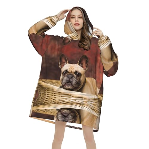 Couverture à capuche oversize bouledogue français pull flanelle marron