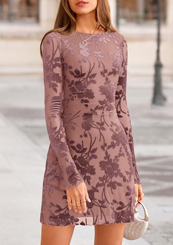 Image of PRETTYGARDEN Women's Fall Floral Long Sleeve Mini Dress | Printed Sheer Mesh, Bell Sleeve Boat Neck, Bodycon Short Dresses, Party Date Night, Cute Casual Outfits, Fashion Clothing