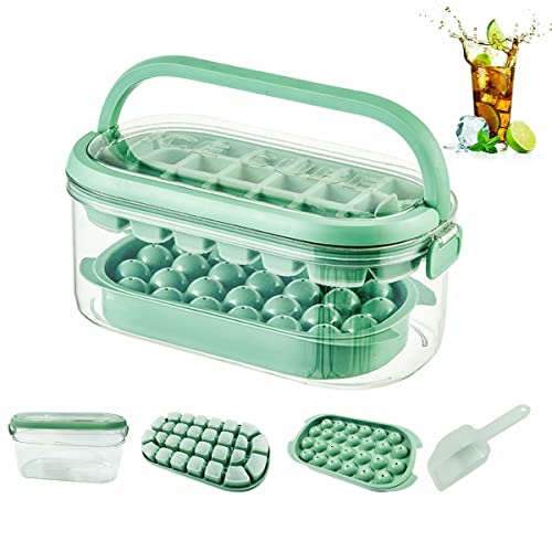 Square Ice Cube Trays With Lid Ball Circle Ice Maker Molds For Freezer, Square Round Sphere Ice Cube Trays Molds Making 54Pcs Ice Cube, Container Bins With Handle, 2 Ice Trays 1 Ice Bucket 1 Scoop #TOP5