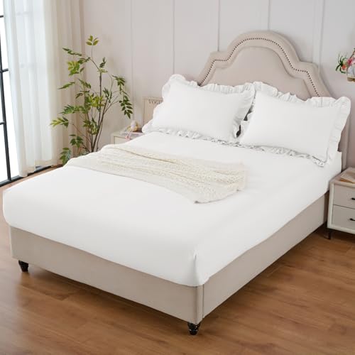 Image of Homiest 2-Pieces Ruffle Pillow Case & Fitted Sheet Set, White Twin Sheets with Ruffled Pillow Shams, 15 Inch Deep Pocket, Cute & Coquette Microfiber Bed Set for Decorating Bedroom Hotel