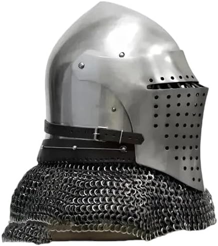 LIARA-Medieval Knight Helmet with Chainmail, Steel Armor, Perforated Visor