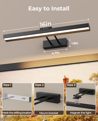 PESUTEN Picture Light Battery Operated, 16in Wireless Art Light for Paintings CCT Dimmable Recharging Battery Picture Light with Remote Control for Gallery Dartboard Art Bedroom Bathroom