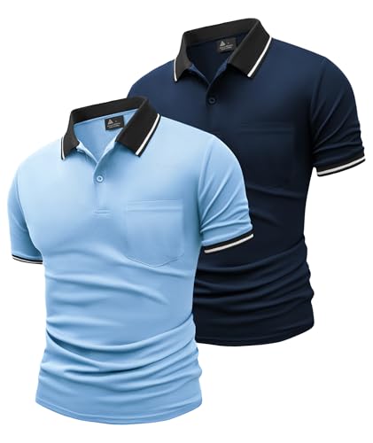 JACKETOWN Lot de 2 Polos Hommes Manches Courtes Polo de Golf Hommes avec Poche Séchage Rapide Respirant Travail Polo Hommes Eté Slim Fit Shirt Tennis Basic...
