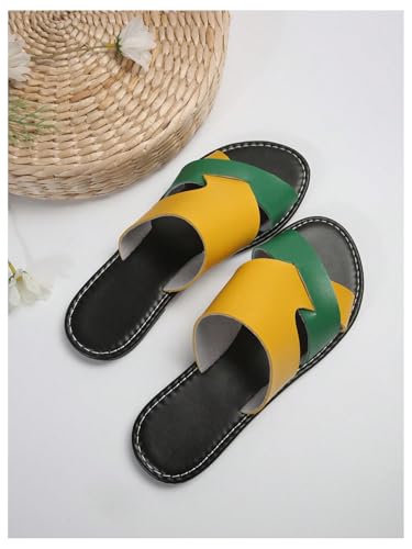 Image of Verdusa Women's Color Block Flat Leather Sandals Open Toe Vacation Slip on Slides