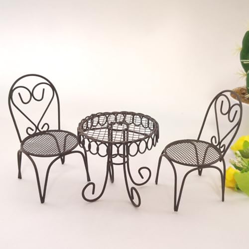 KARLOR 3 Stück Miniatur Tische und Stühle Set Metall Mini Tisch und Stuhl rund Restaurant Deko Gartenmöbel Mini-Möbel Ornamente Tisch Büro Wohnzimmer Dekoration Vintage Stil (Braun)