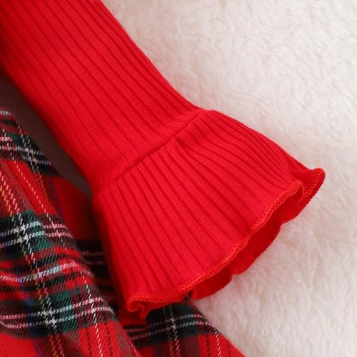 Newborn Christmas Outfit Baby Girl Plaid Romper Dress Infant Ruffle Long Sleeve Ribbed Bodysuit Headband Clothes4