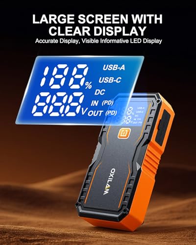Image of OXILAM 24000mAh Jump Starter for All Gas & Diesel Engines, 10000A Battery Jumper Starter Portable, 12V Jump Box with Quick Charger, Extended Jumper Cable, LED Display, USB, DC, Type C Port & LED Light