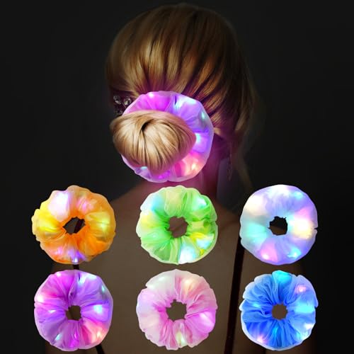 URAQT LED Light Up Elastic Hair Bands, 6pcs Luminous Hair Ties, 3 Colors Light Modes LED Scrunchies