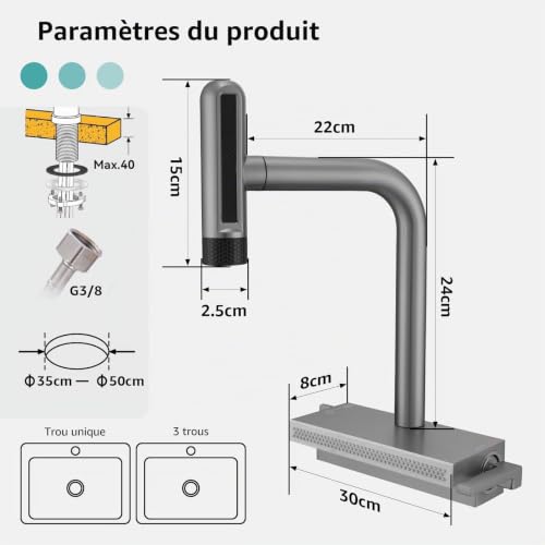 Mitigeur Cuisine Cascade avec Douchette Extensible et 7 Modes de Jet